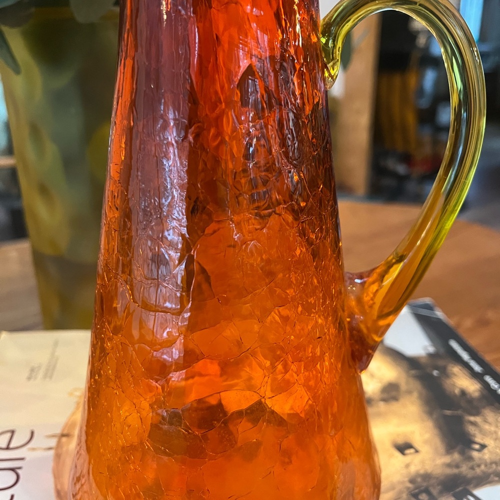Vintage Vibrant Amber Red Orange Crackle Glass Pitcher MCM - Picture 2 of 8